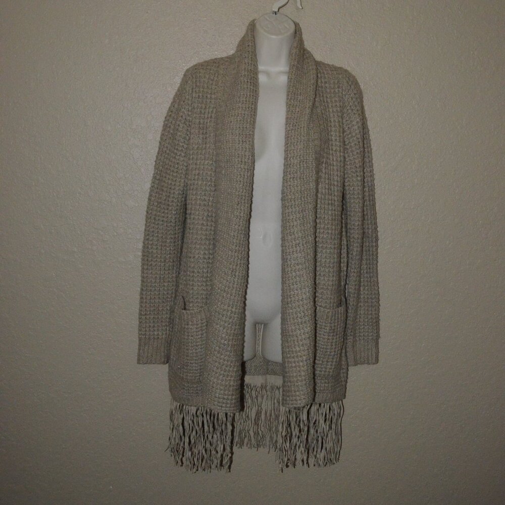 Sz XS S LINE the Label Tan Cable Knit Open Front Fringe Detail Cardigan Sweater